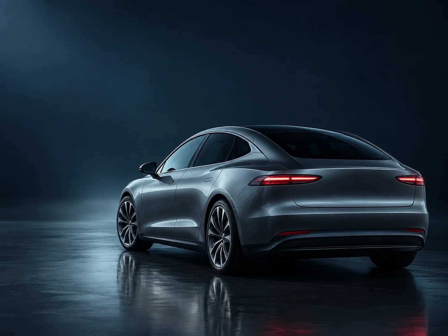 Grå elektrisk sedan sett skrått bakfra