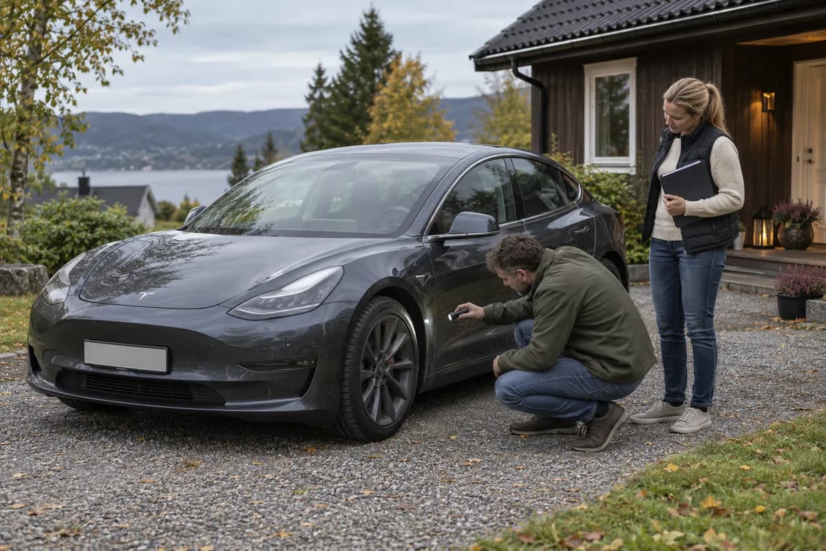 KI-illustrasjon av en kjøper som undersøker forhjulet på en grå Tesla, mens selgeren holder dokumenter