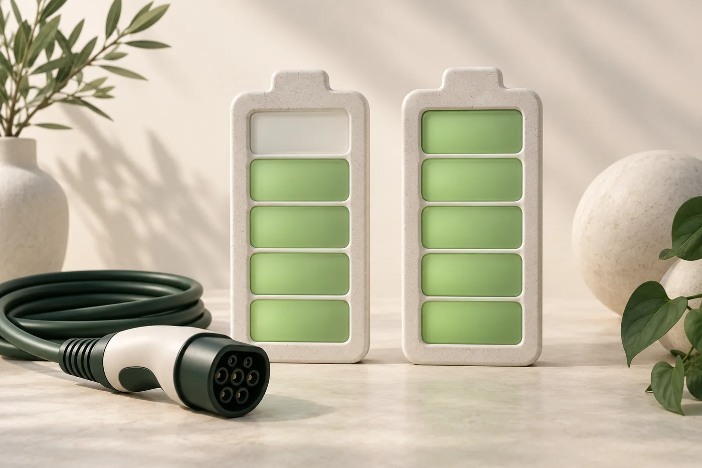 KI-illustrasjon av to batterisymboler med ulikt ladenivå