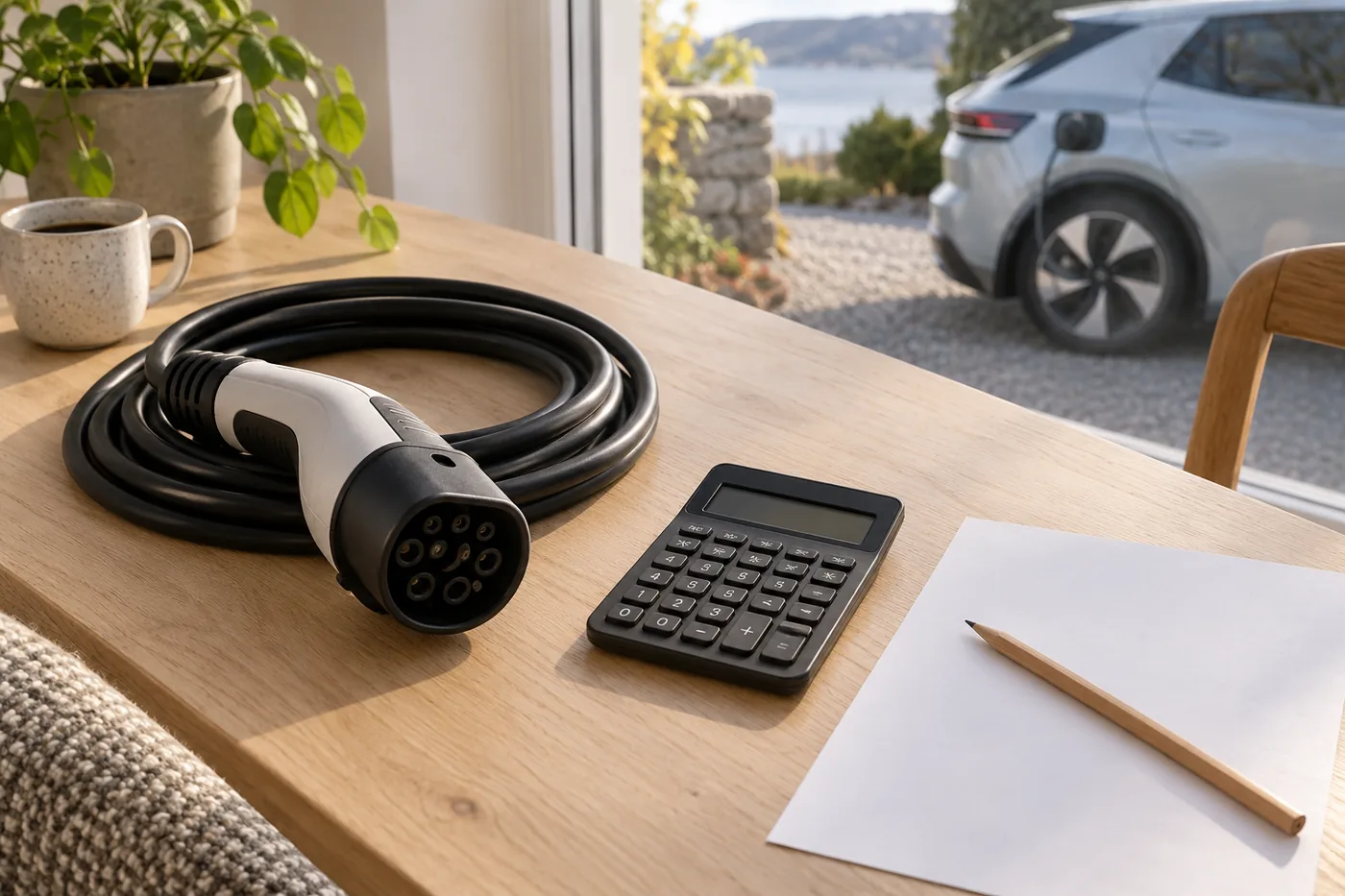 KI-illustrasjon av ladekabel, kalkulator og notatark på et bord