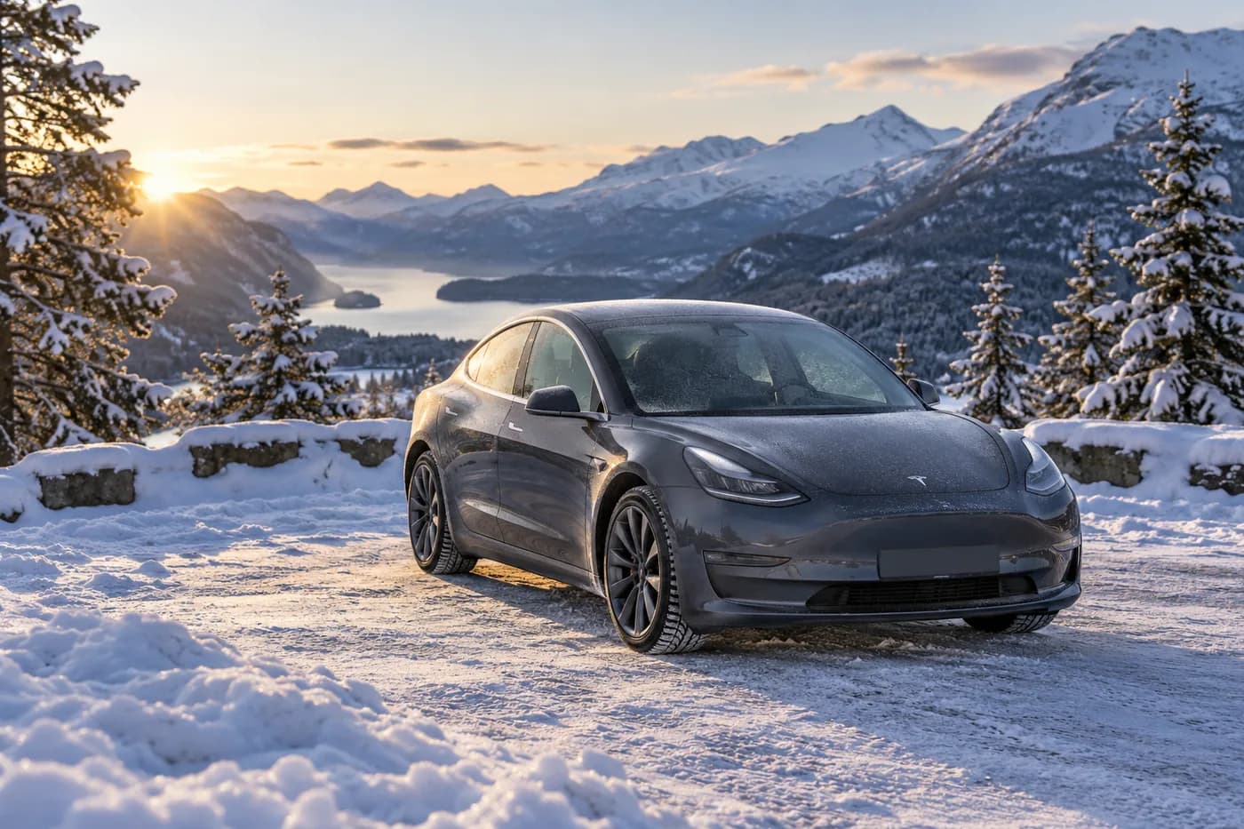 KI-illustrasjon av grå Tesla parkert i snødekt fjellandskap